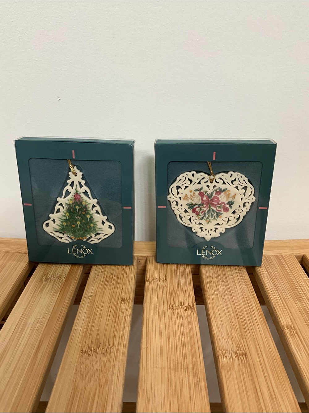 Lenox White Porcelain Christmas Ornaments - Tree & Floral Heart (Set of 2)